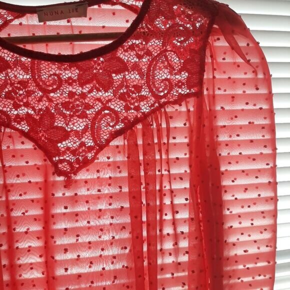 NUNA LIE Swiss Dot & Lace Semi-Sheer Lightweight Blouse Top Coal Red Sz S - Picture 2 of 12